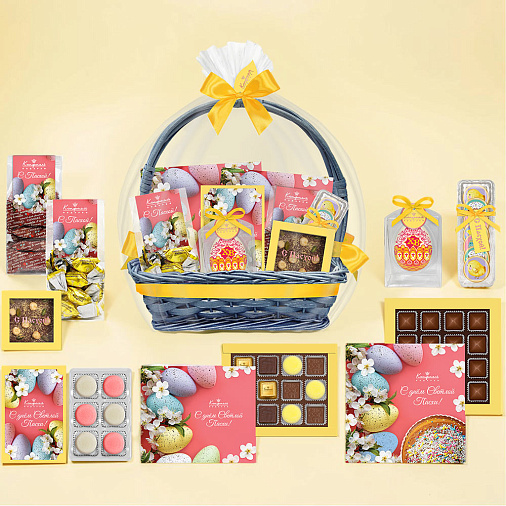 Пасхальная корзина шоколада, мармелада, конфет глазированных