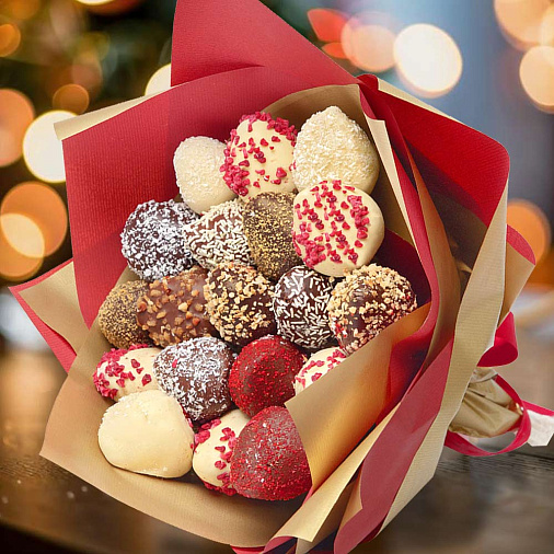 Свежая клубника в шоколаде букет 605г красно-золотой